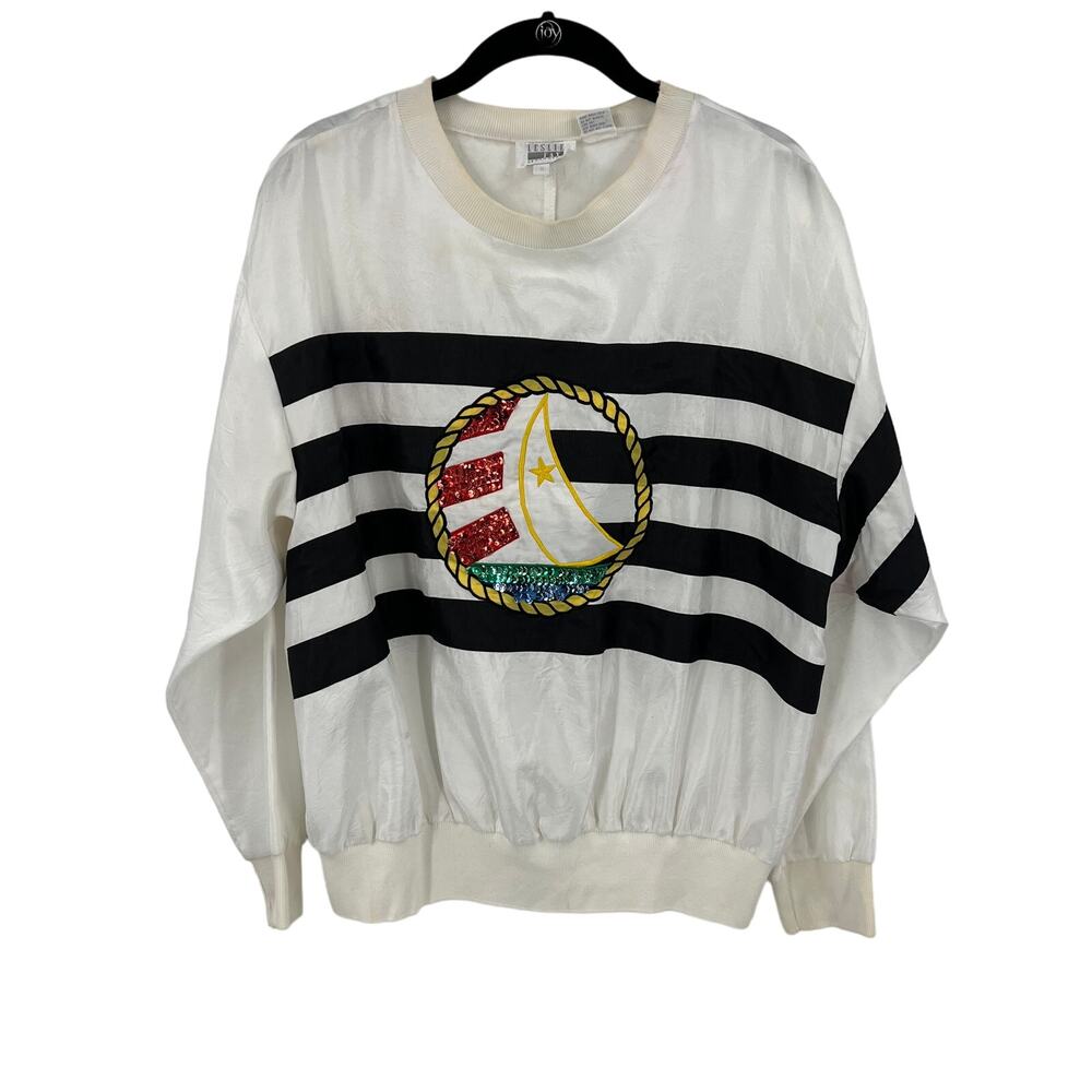 VTG Leslie Fay Sheer White Popover Nautical Sailboat Windbreaker Women Medium‎